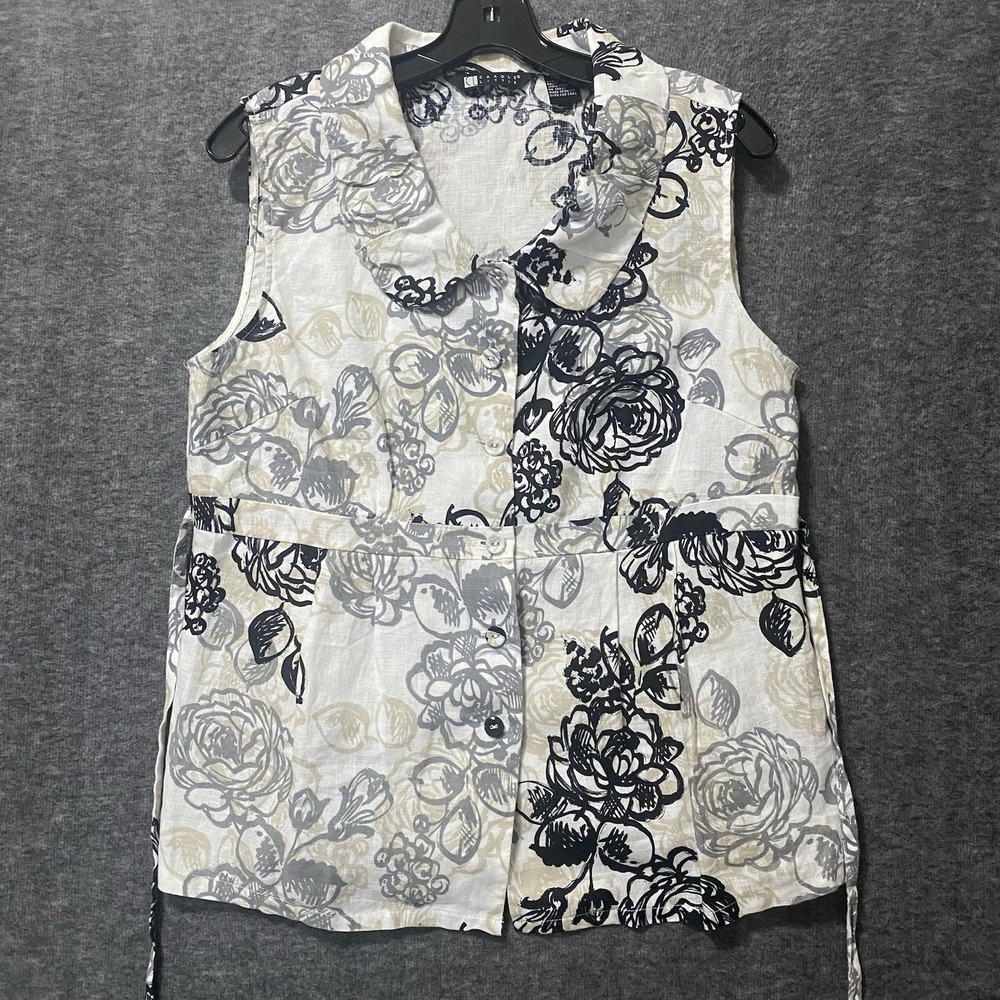 Carol Little Linen Top Womens Large Black Gray Floral Button Tie Waist Resort